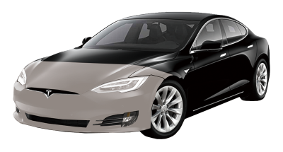 Black Tesla sedan with gray front, on a white background.