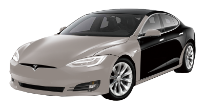 Tesla Model S car with a gray front and black rear.