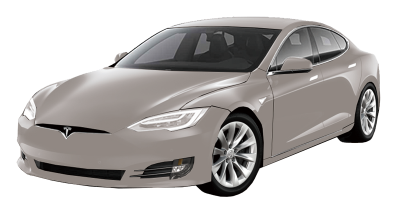 Tan Tesla Model S electric car, angled view, parked outdoors.