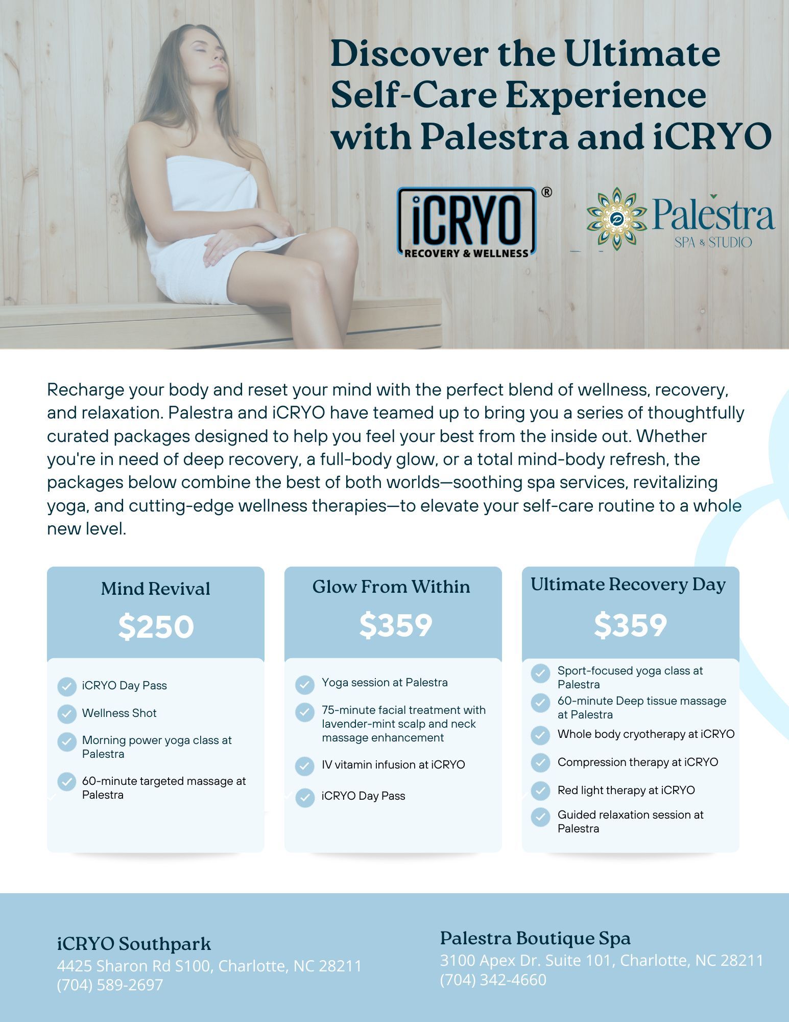 Palestra and iCRYO self-care package advertisement