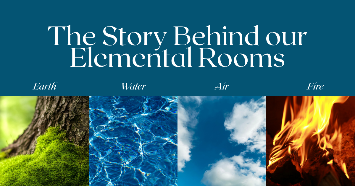 Elemental rooms blog cover graphic for Palestra Spa & Studio in SouthPark featuring earth, water, air, and fire icons with candles and stones.