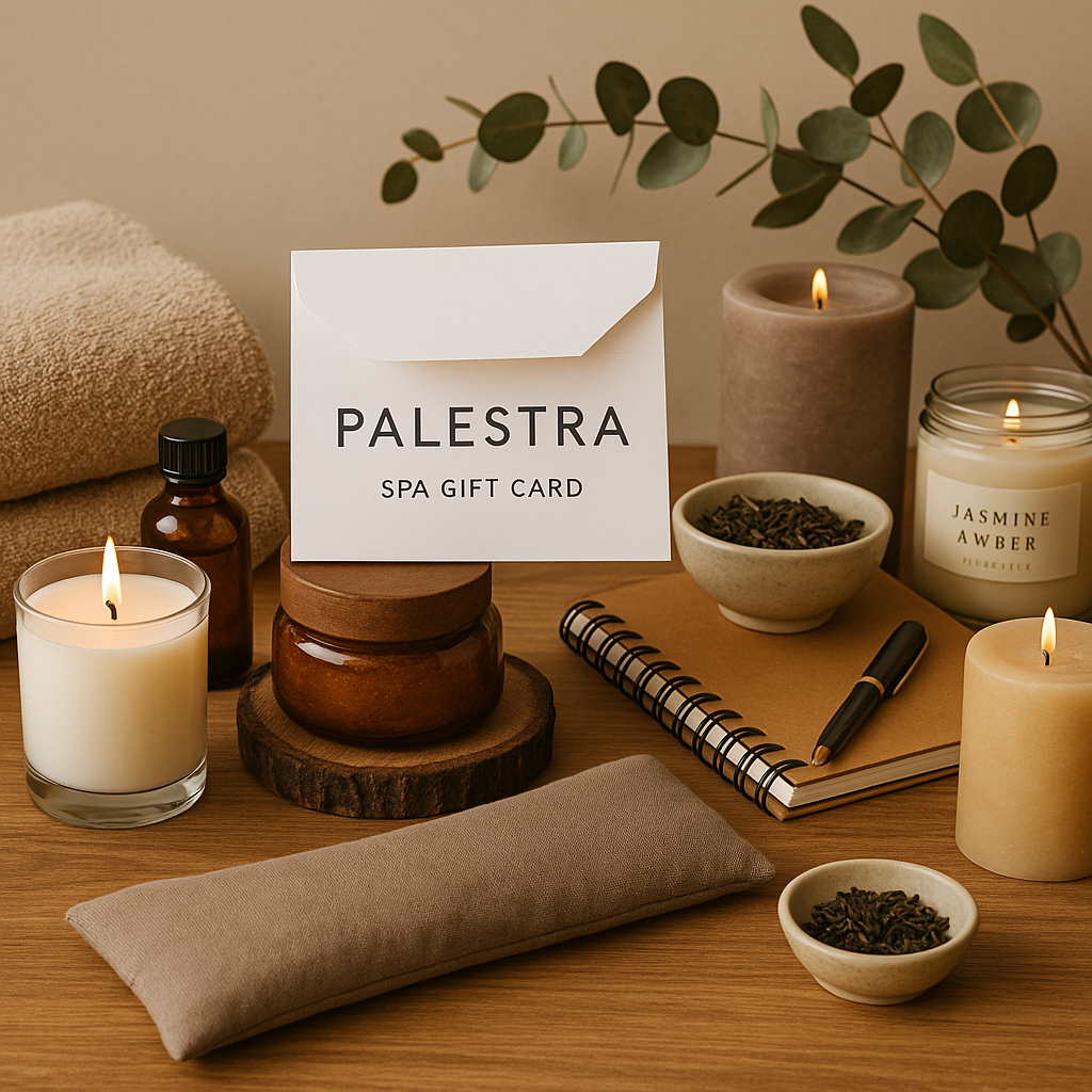 Palestra spa gift card surrounded by candles, aromatherapy oils, and relaxation accessories