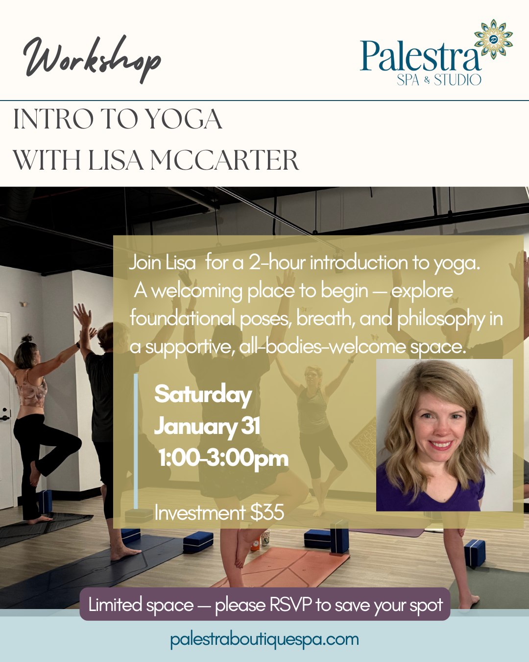 Intro to Yoga workshop with Lisa McCarter at Palestra Spa & Studio