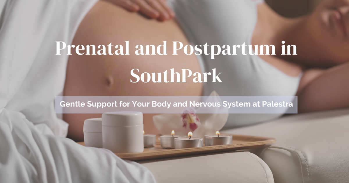 Prenatal and Postpartum in SouthPark with pregnant woman resting near spa candles and cream