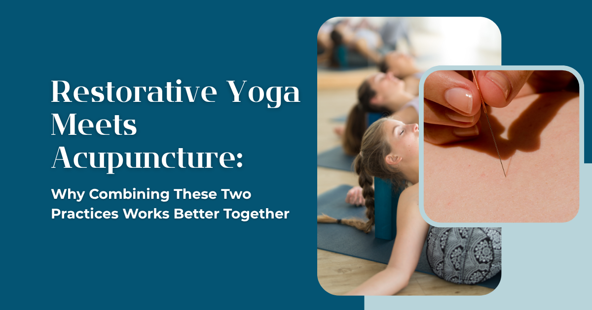 People resting in restorative yoga pose alongside close-up of acupuncture needle placement