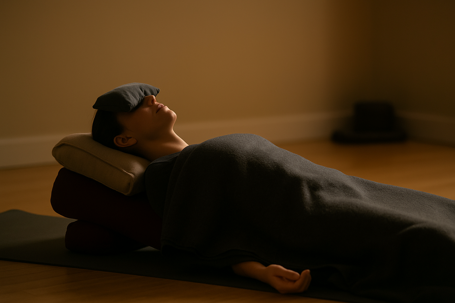 Person resting in a Yoga Nidra deep relaxation practice with blankets and an eye pillow.