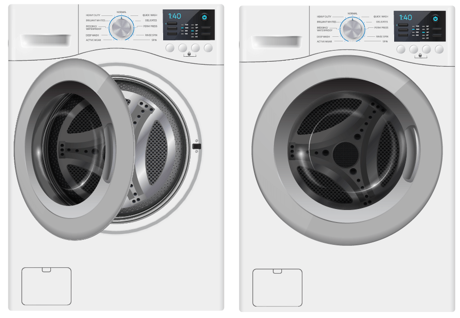 Vector illustration of two washers on blue background. Front view. Cover template or banner design. Front-loading.