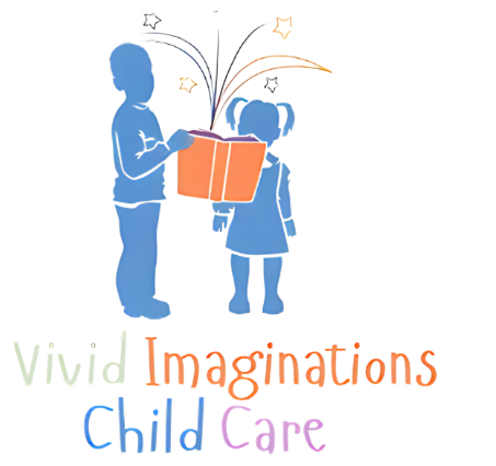 The logo for vivid imaginations child care shows a boy and a girl holding a book