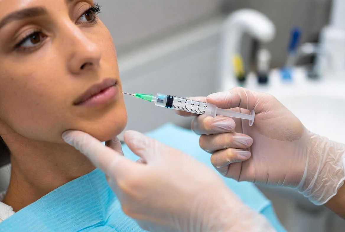 Gloved hands preparing an injection near a woman’s face in a clinical setting in Raleigh, NC.
