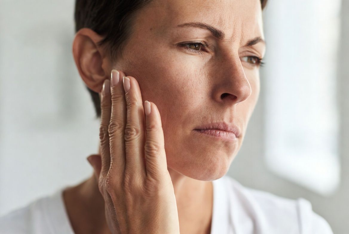 Woman touching her cheek with a concerned expression in a bright room in Raleigh, NC.