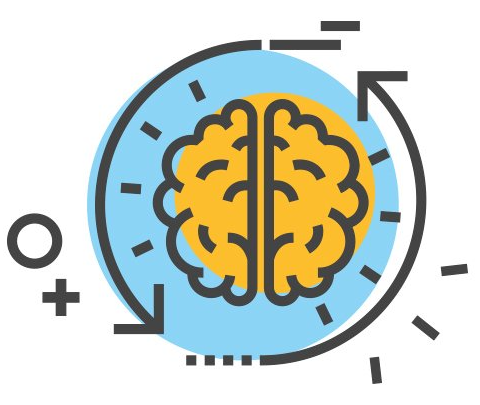 An icon of a brain in a circle with arrows pointing in opposite directions.
