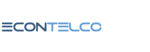 A blue and white logo for econtelco on a white background