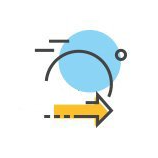 A yellow arrow pointing to the right with a blue circle in the background.