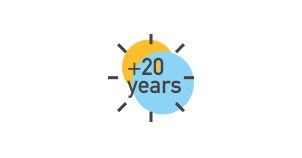 A blue and yellow circle with the words `` 20 years '' written inside of it.