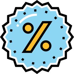 A blue sticker with a yellow percent sign inside of it.