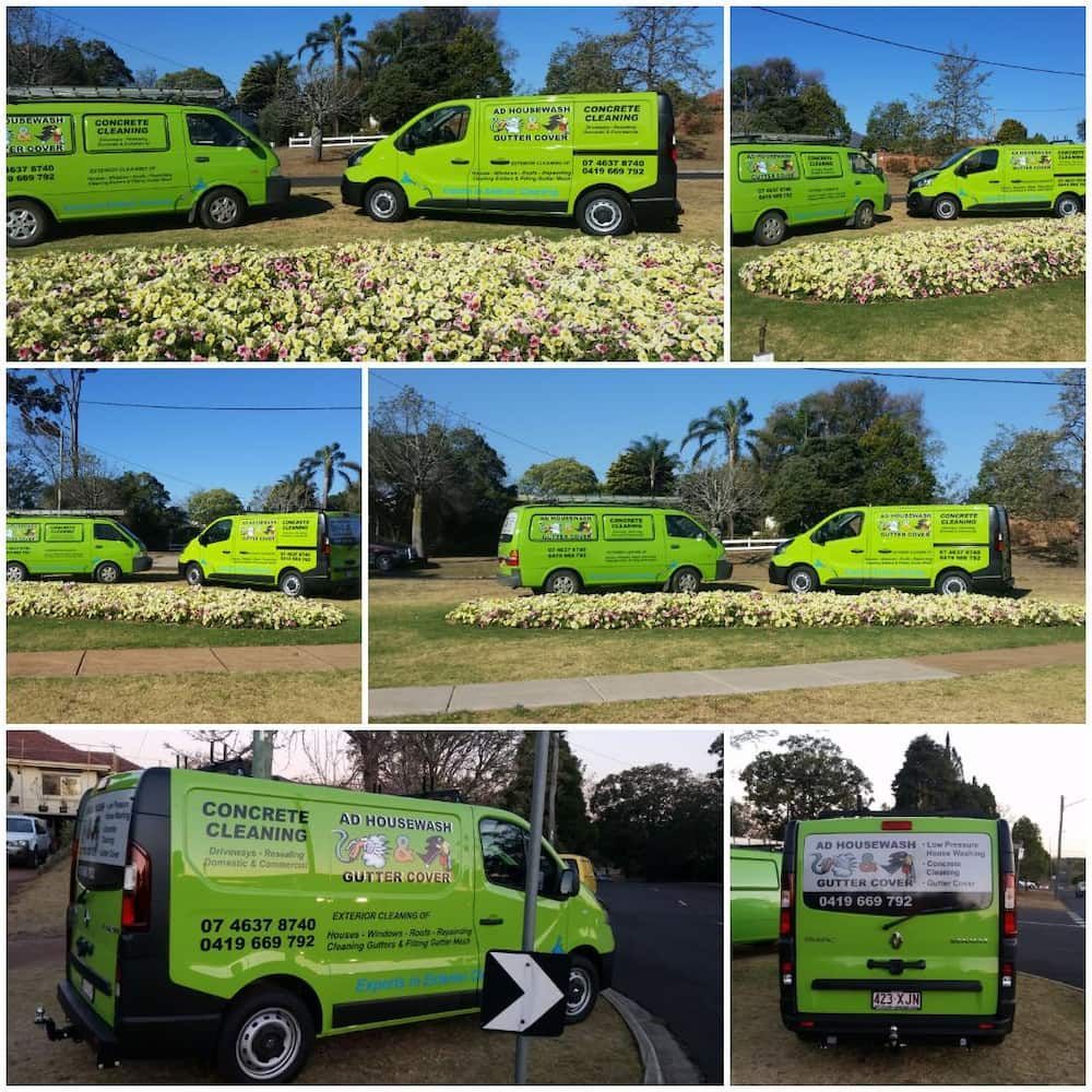 Concrete Cleaning Vans Are Parked on the Side of the Road — AD House Wash & Gutter Cover in East Toowoomba, QLD