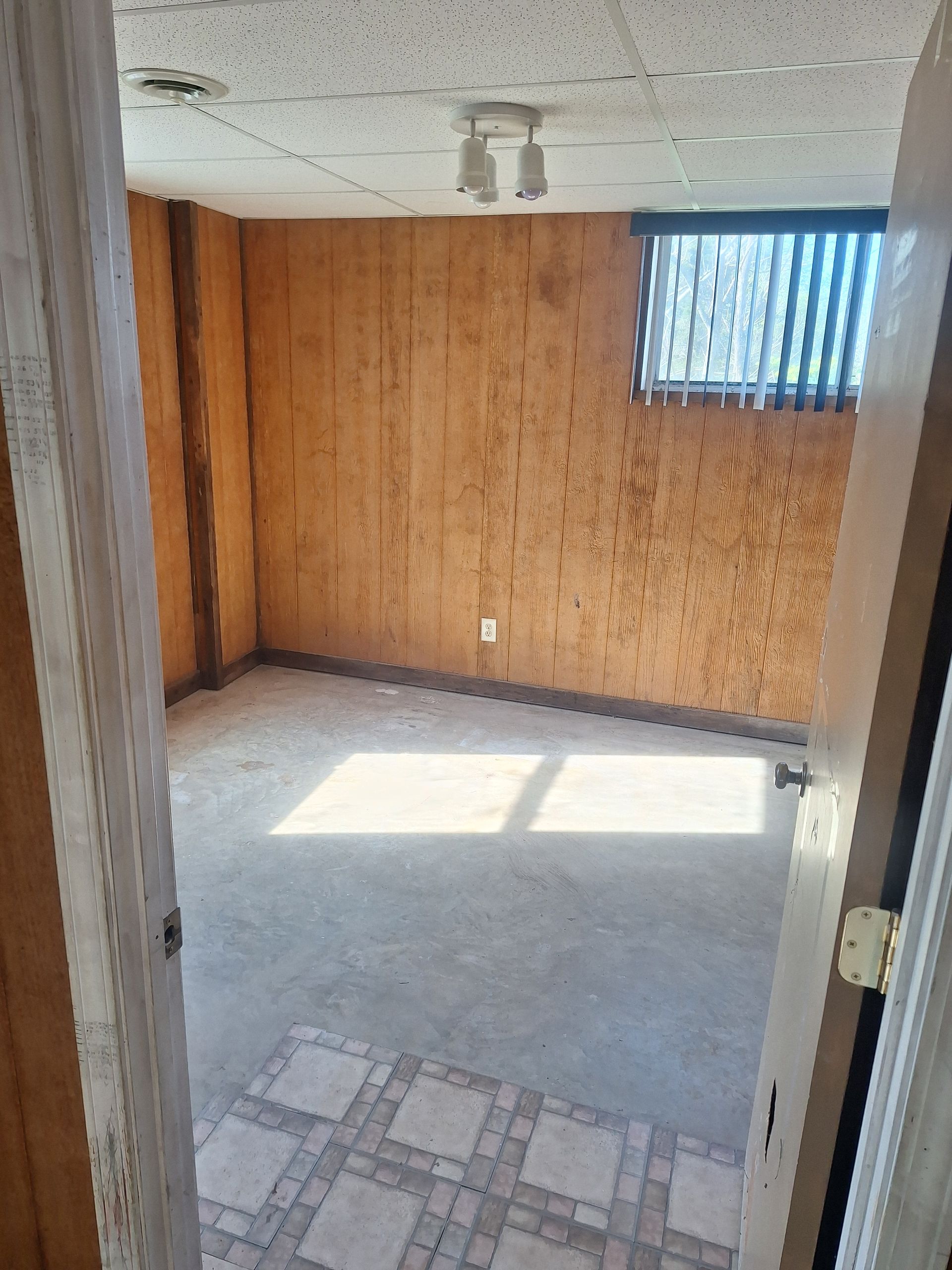 Empty room with wood-paneled walls, gray carpet, and sunlight through a small window.