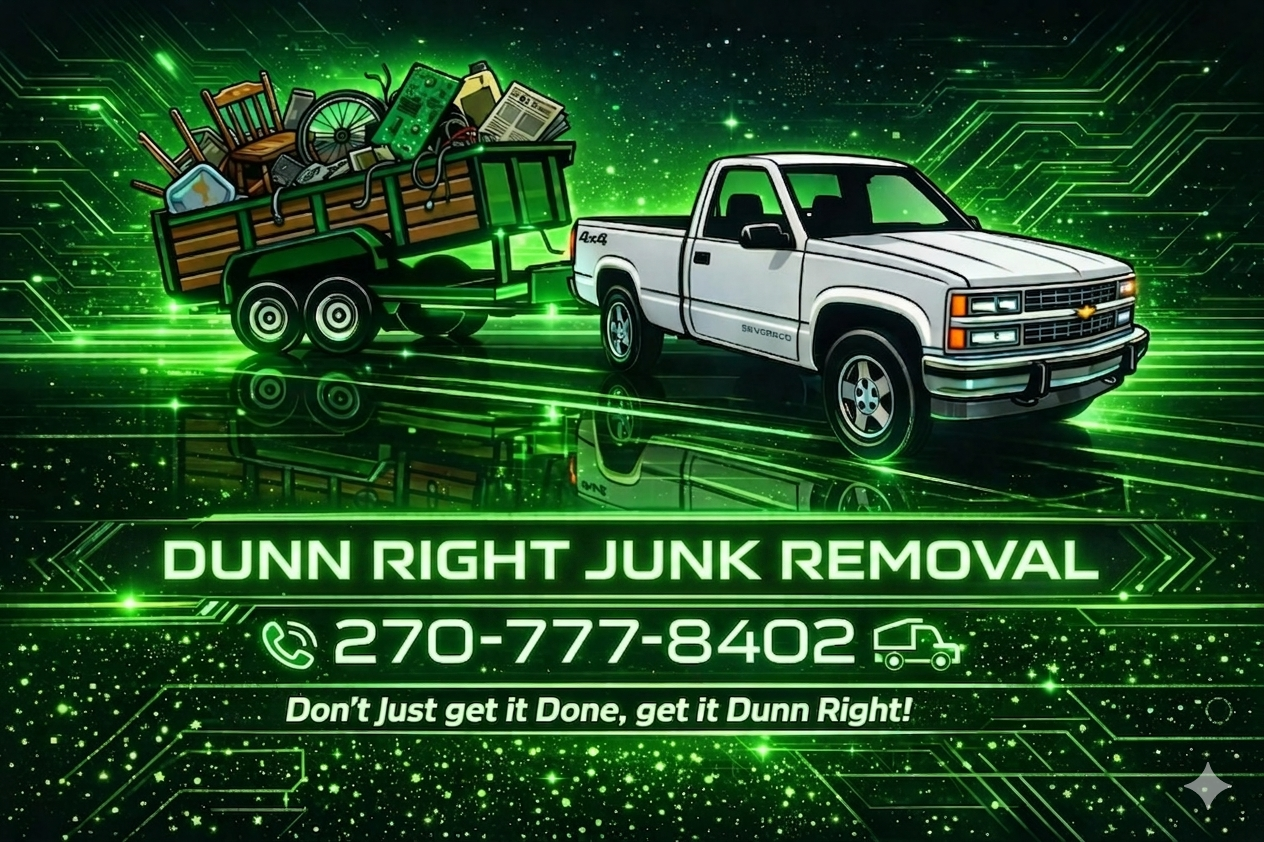 Dunn Right Junk Removal ad with white pickup truck, green glow, and phone number 270-777-8402