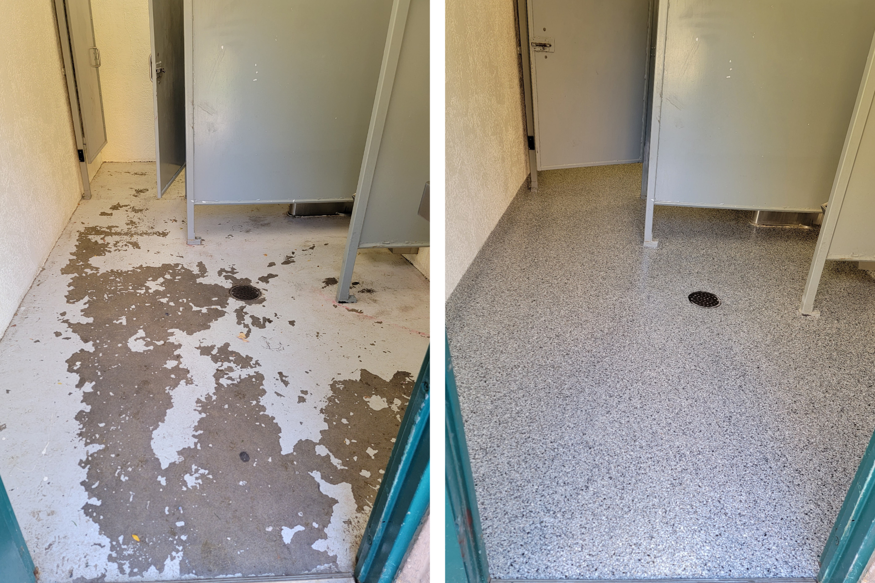 A before and after photo of a bathroom floor.