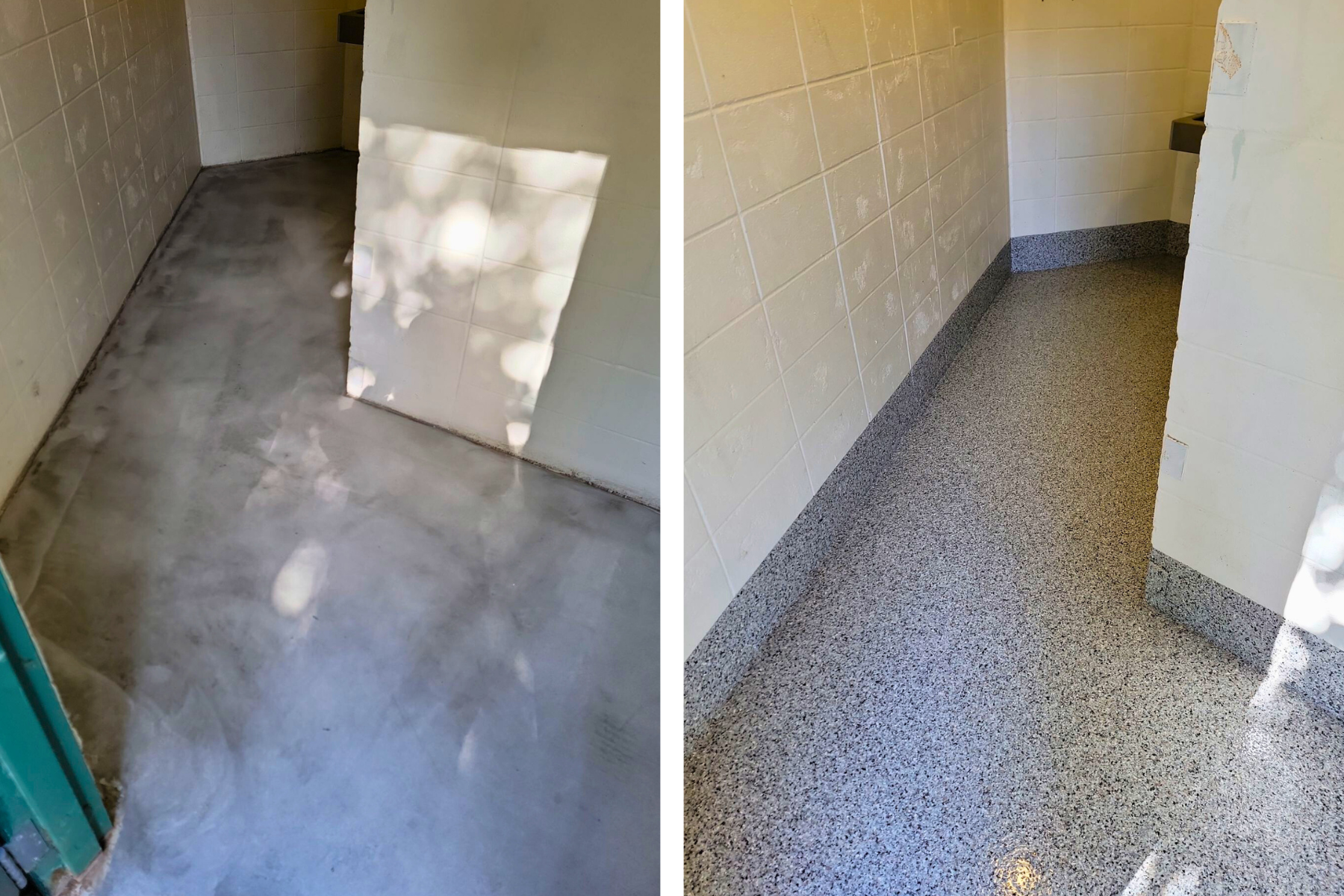A before and after photo of a bathroom floor.