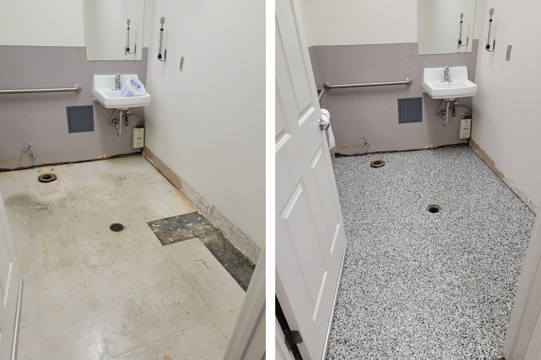 A before and after photo of a bathroom with a sink.