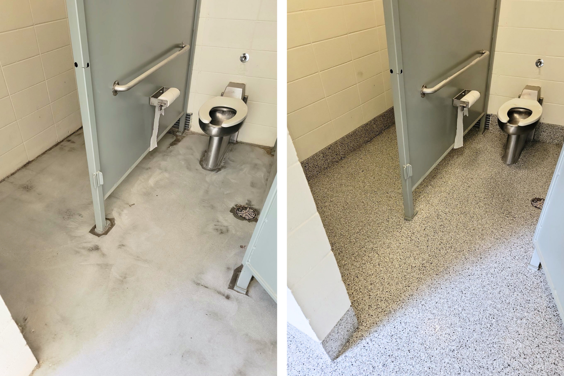 A before and after photo of a public restroom.
