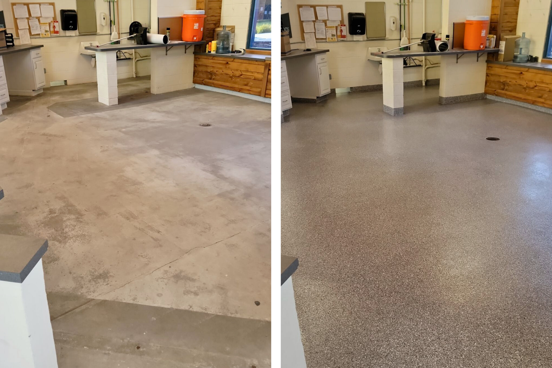 A before and after photo of a room with a concrete floor.
