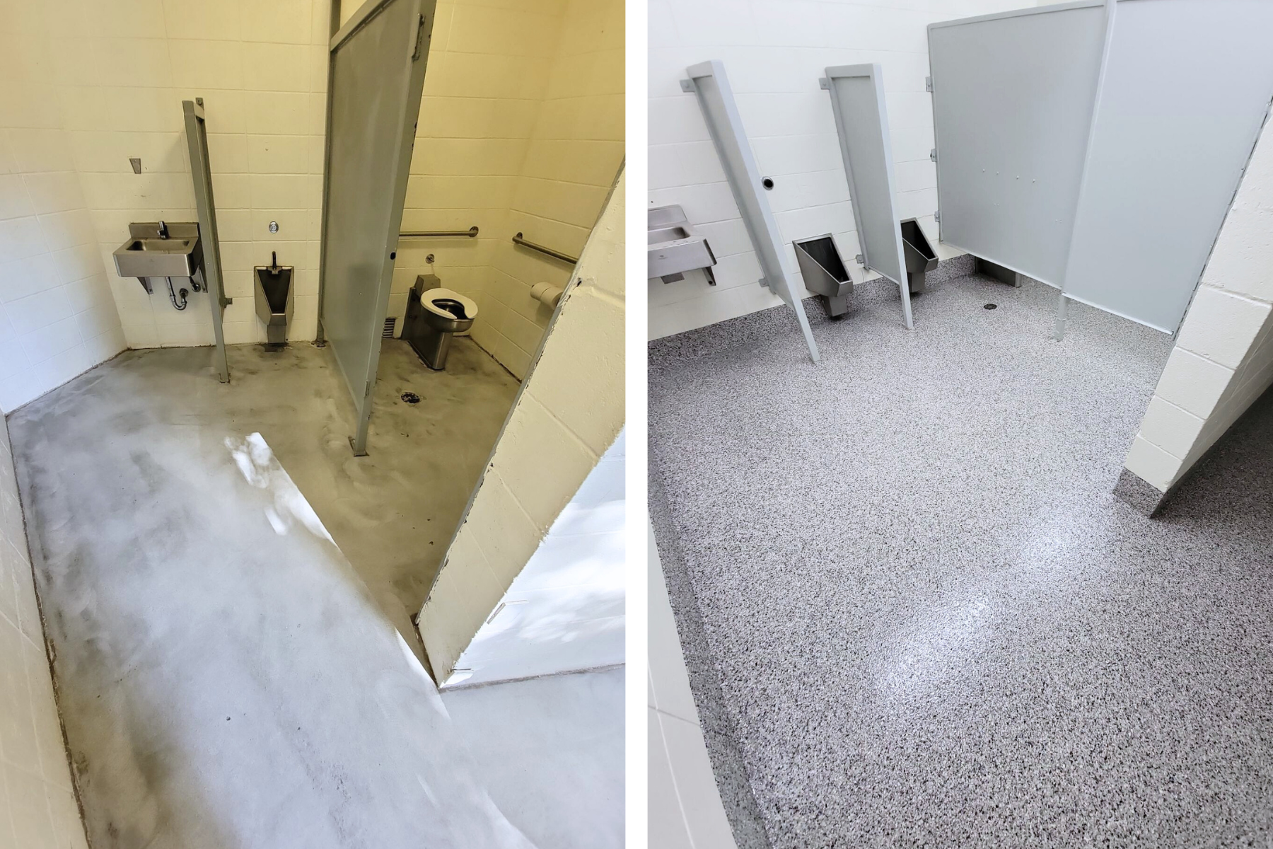 A before and after photo of a public restroom.