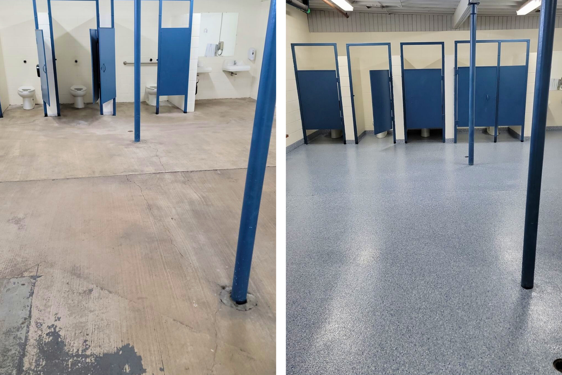 A before and after photo of a bathroom with blue stalls