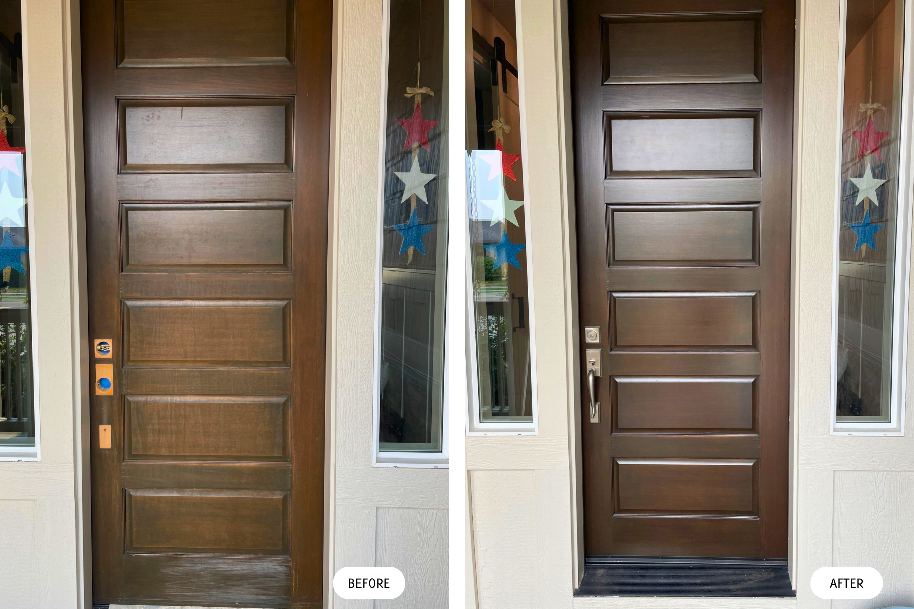 A before and after picture of a wooden door