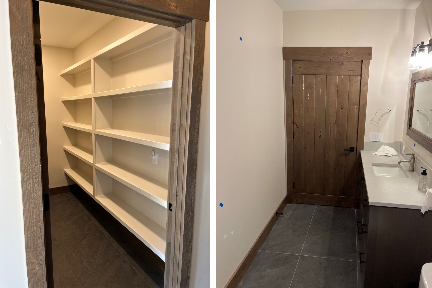 A picture of a closet and a picture of a bathroom.