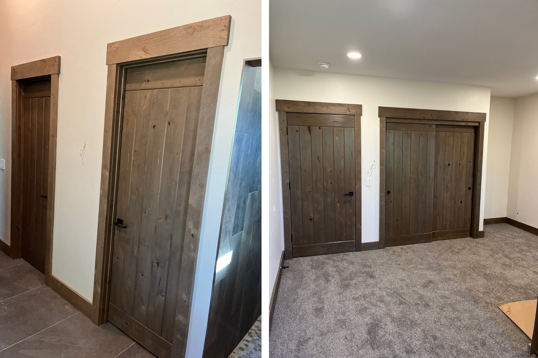 Two pictures of a room with wooden doors and a carpeted floor.