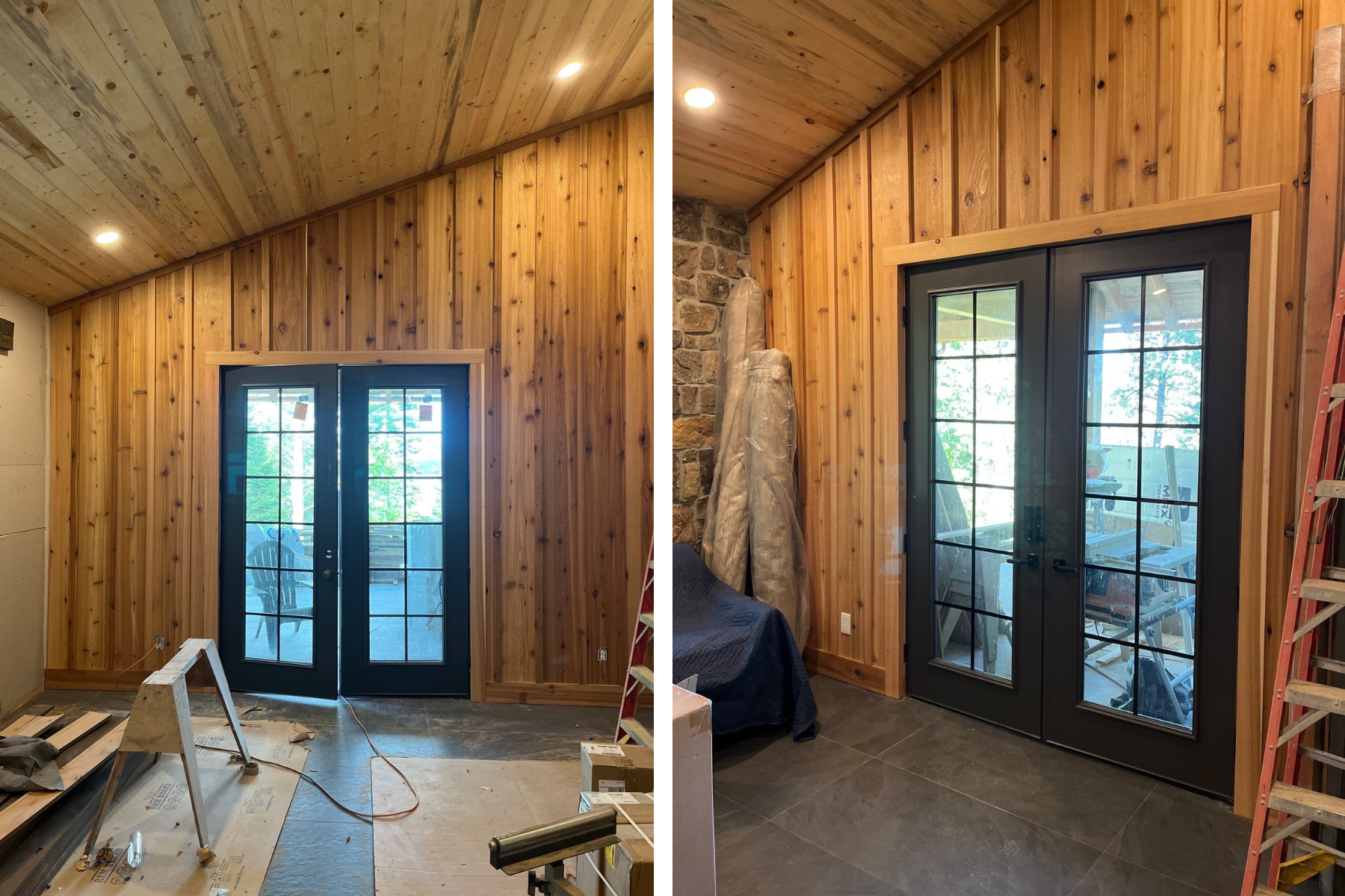 A before and after photo of a room with wood paneling and french doors.