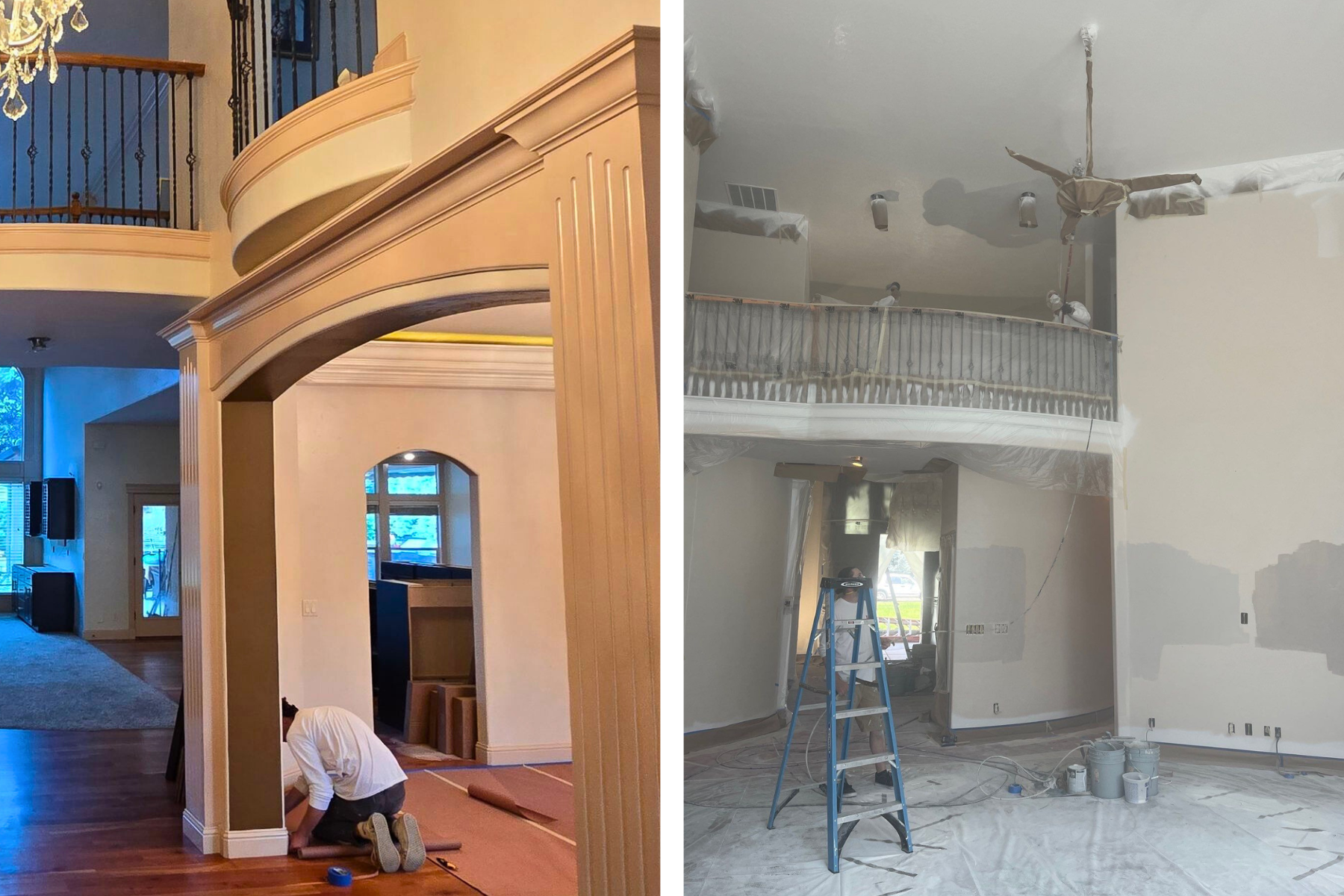 A before and after photo of a house being painted.