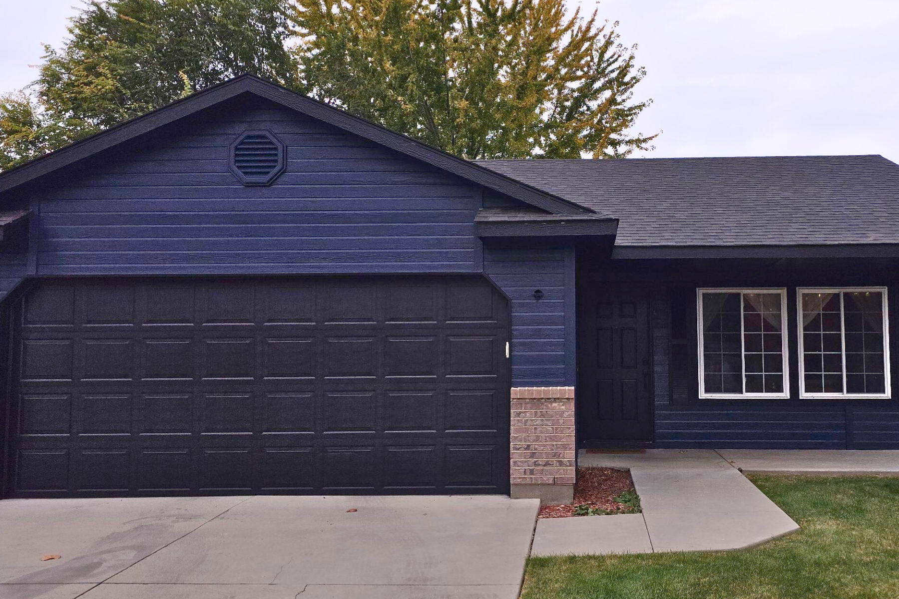 A blue house with a black garage door and a black roof.