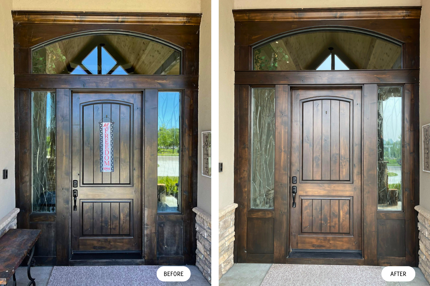 A before and after picture of a wooden door with glass windows.