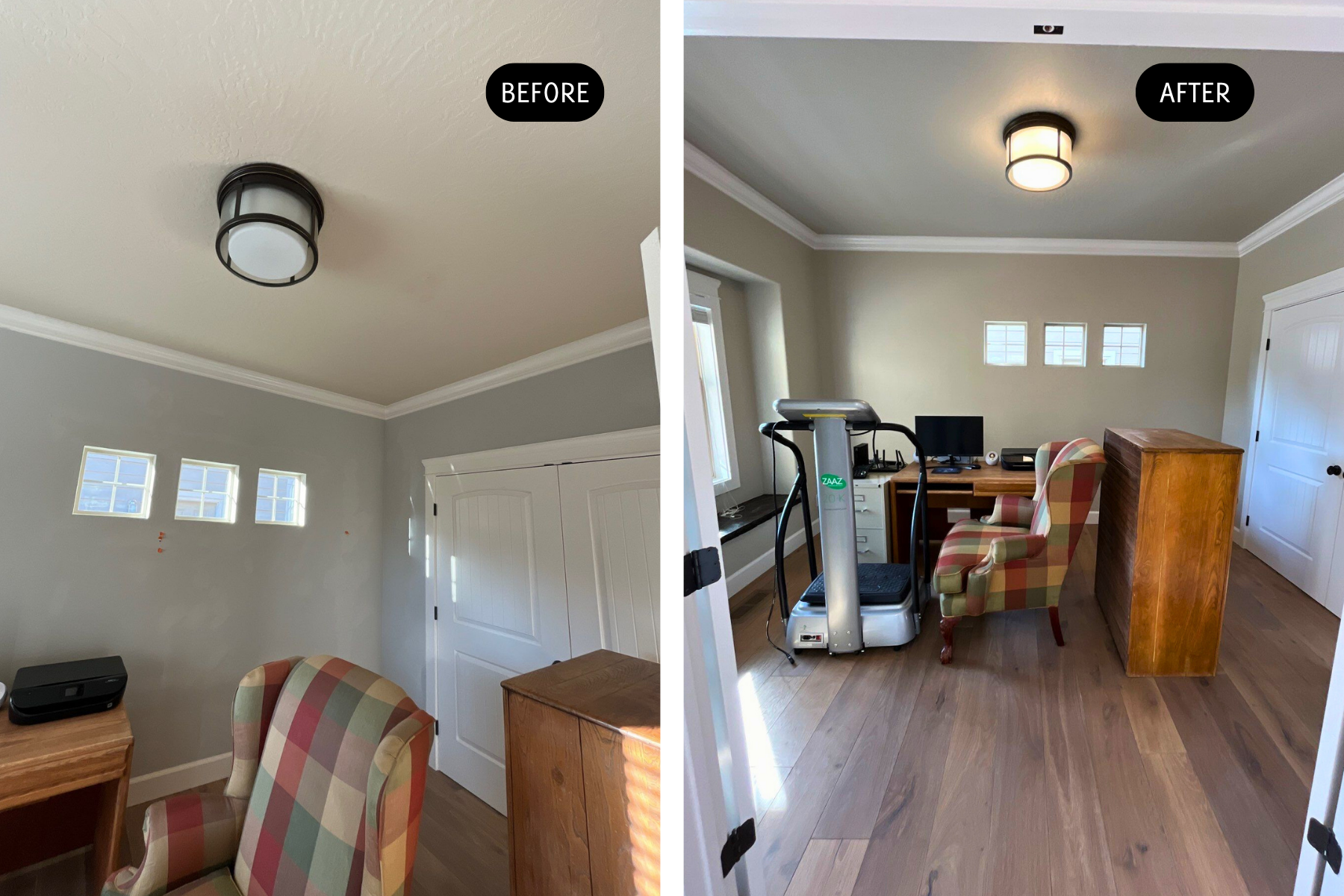 A before and after photo of a home office with a chair , desk , and treadmill.