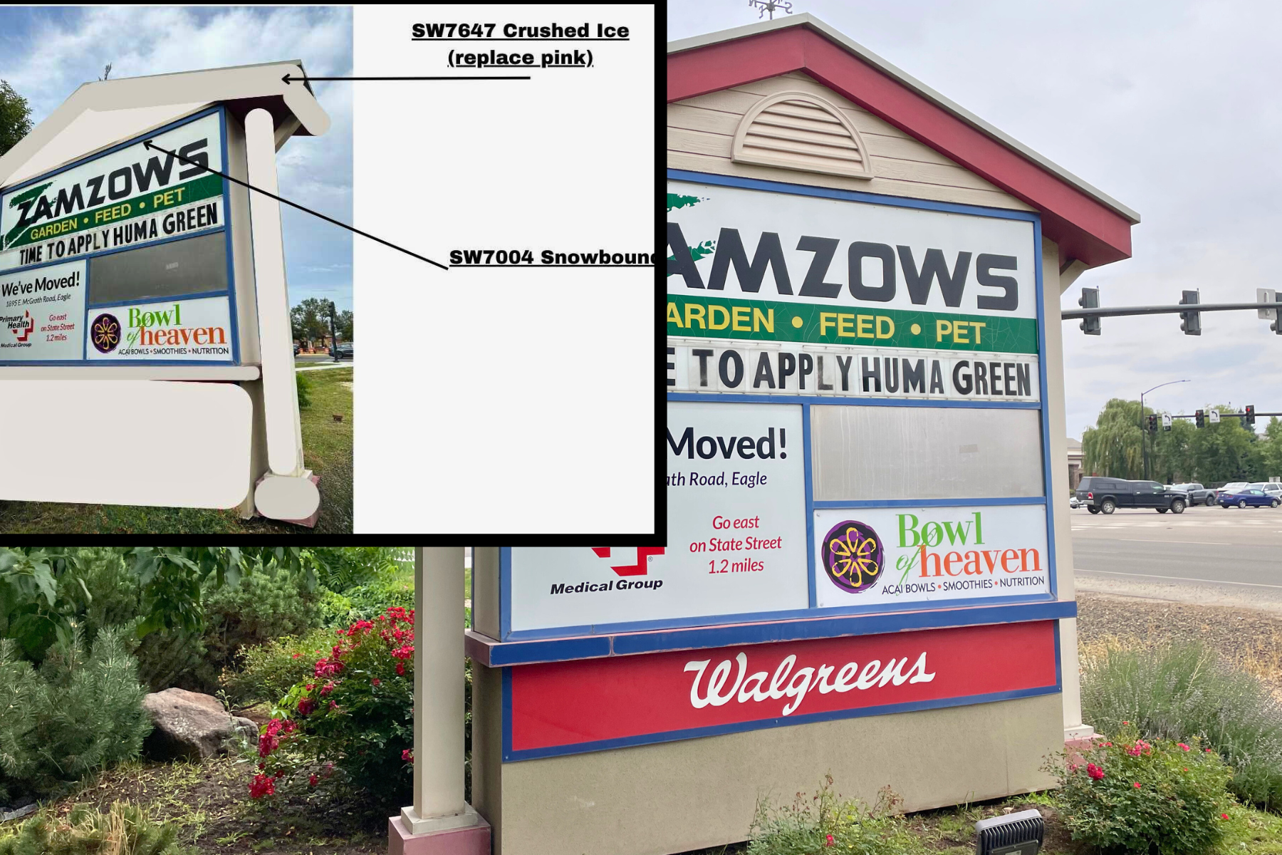A sign that says amzows and walgreens on it