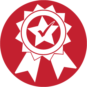 Red circle with white ribbon, star, and checkmark. Symbol of quality or approval.