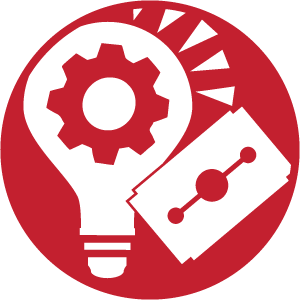 Red circle with a white lightbulb, gear, and card showing connections.