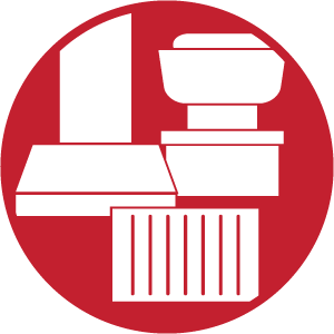 Red circle with white icons: range hood, water heater, toilet, and radiator.