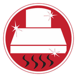 A red and white circle with a stove hood and smoke coming out of it A red and white circle with a stove hood and smoke coming out of it