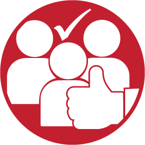 Red circle with three figures, a check mark, and a thumbs-up.