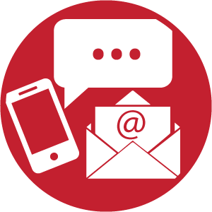 White icons of phone, speech bubble, and email inside red circle.