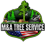 M&A Tree Service logo with trees, equipment, and an American flag design