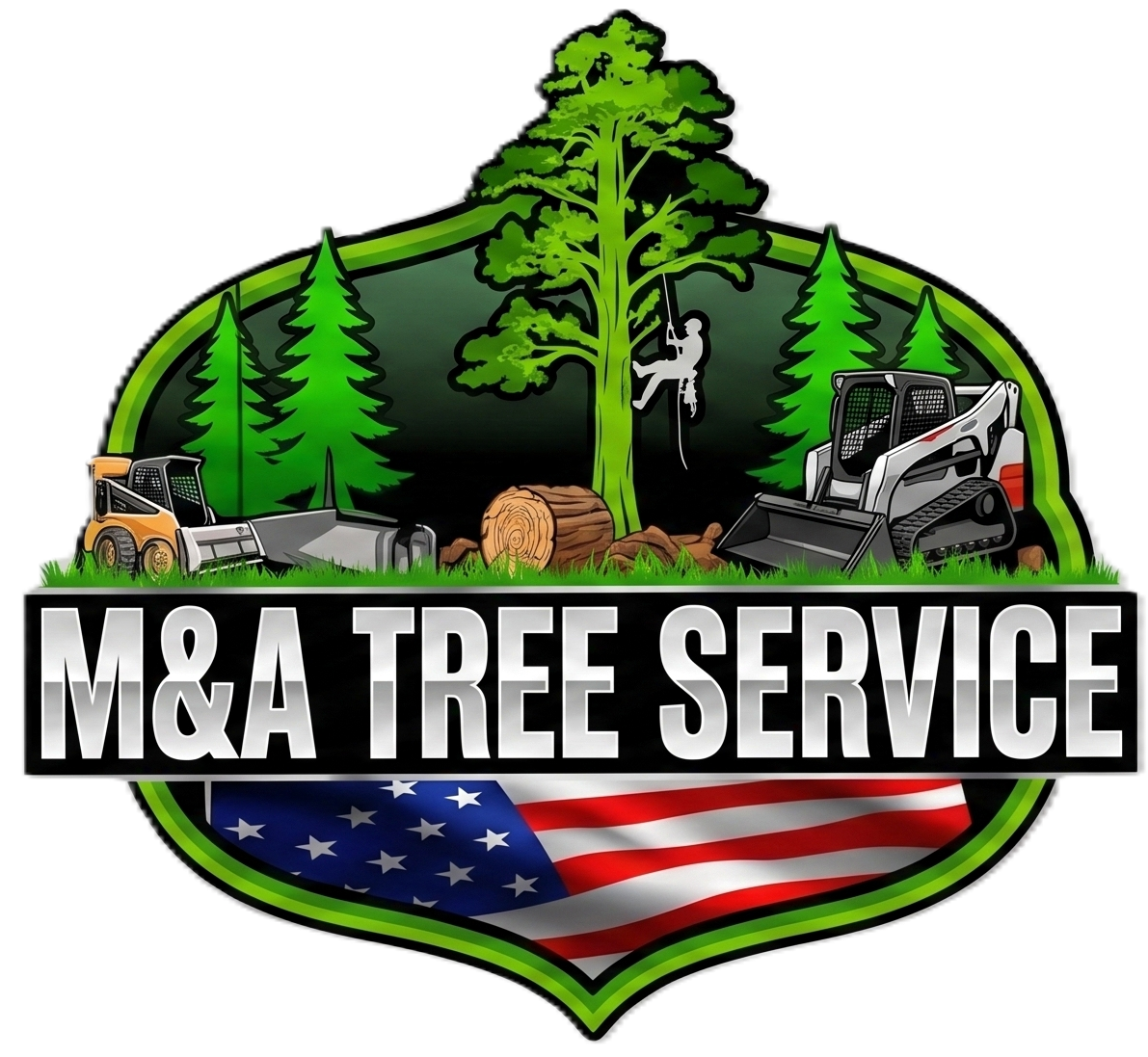 M&A Tree Service logo with trees, equipment, and an American flag design
