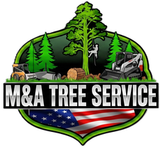 M&A Tree Service logo with trees, equipment, and an American flag design