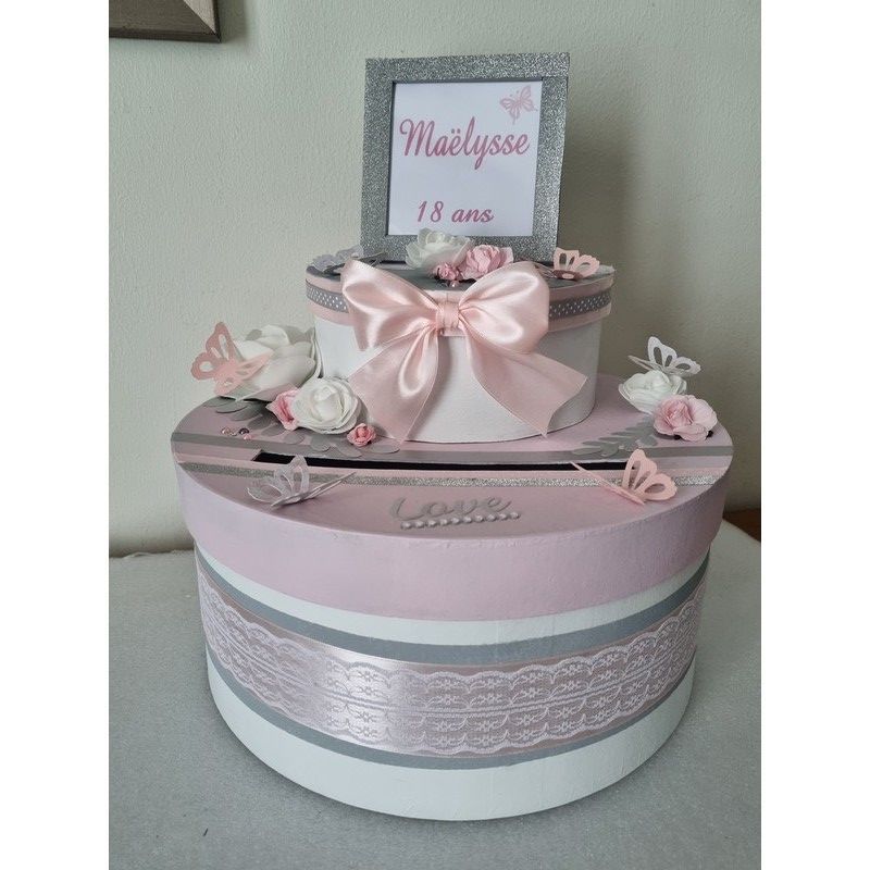 urne anniversaire fille rose et gris papillons
