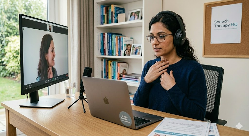 A therapist providing Telehealth (online speech therapy) for a patient