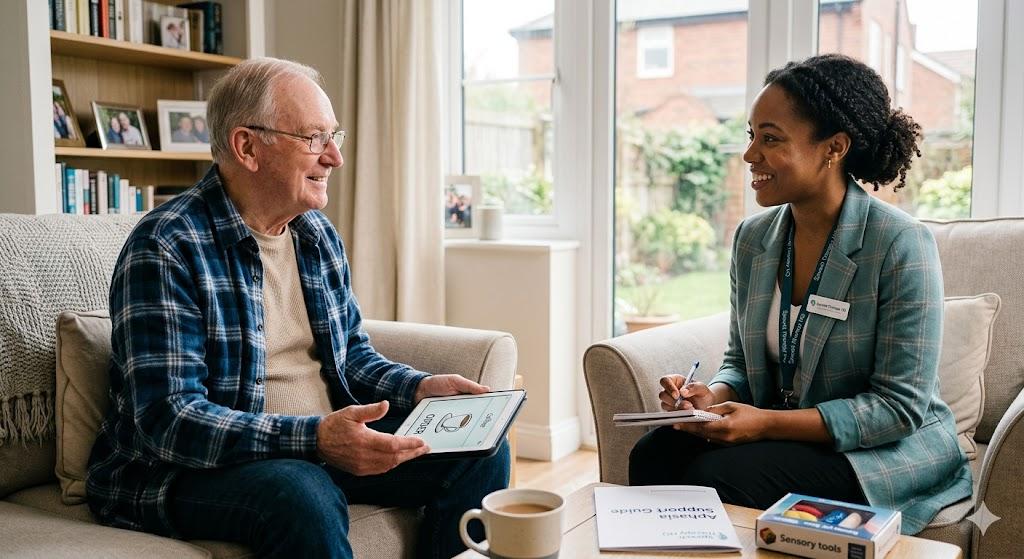 communication therapy home visit, therapist with patient